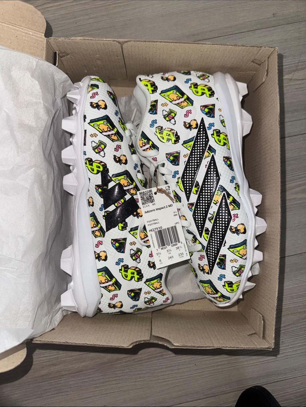 adidas White Cleats with Neon Green & Black Graphic Print